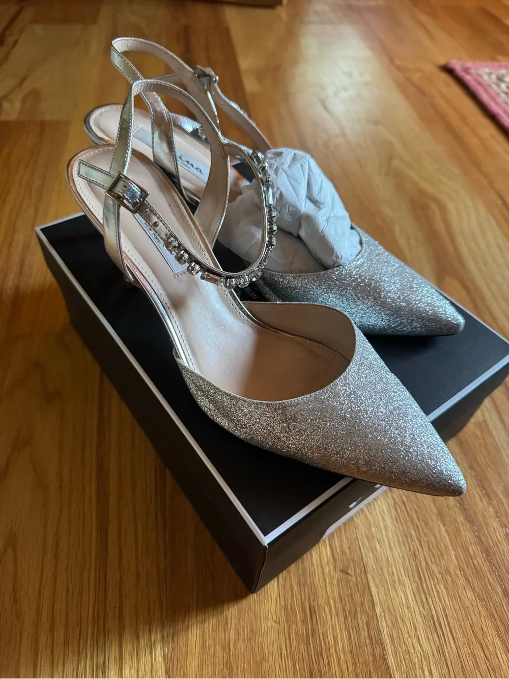Nina Silver Glitter Pointed Slingback Heels with Rhinestone Ankle Strap